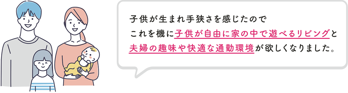 子供が生まれ手狭さを感じたのでこれを機に子供が自由に家の中で遊べるリビングと夫婦の趣味や快適な通勤環境が欲しくなりました。